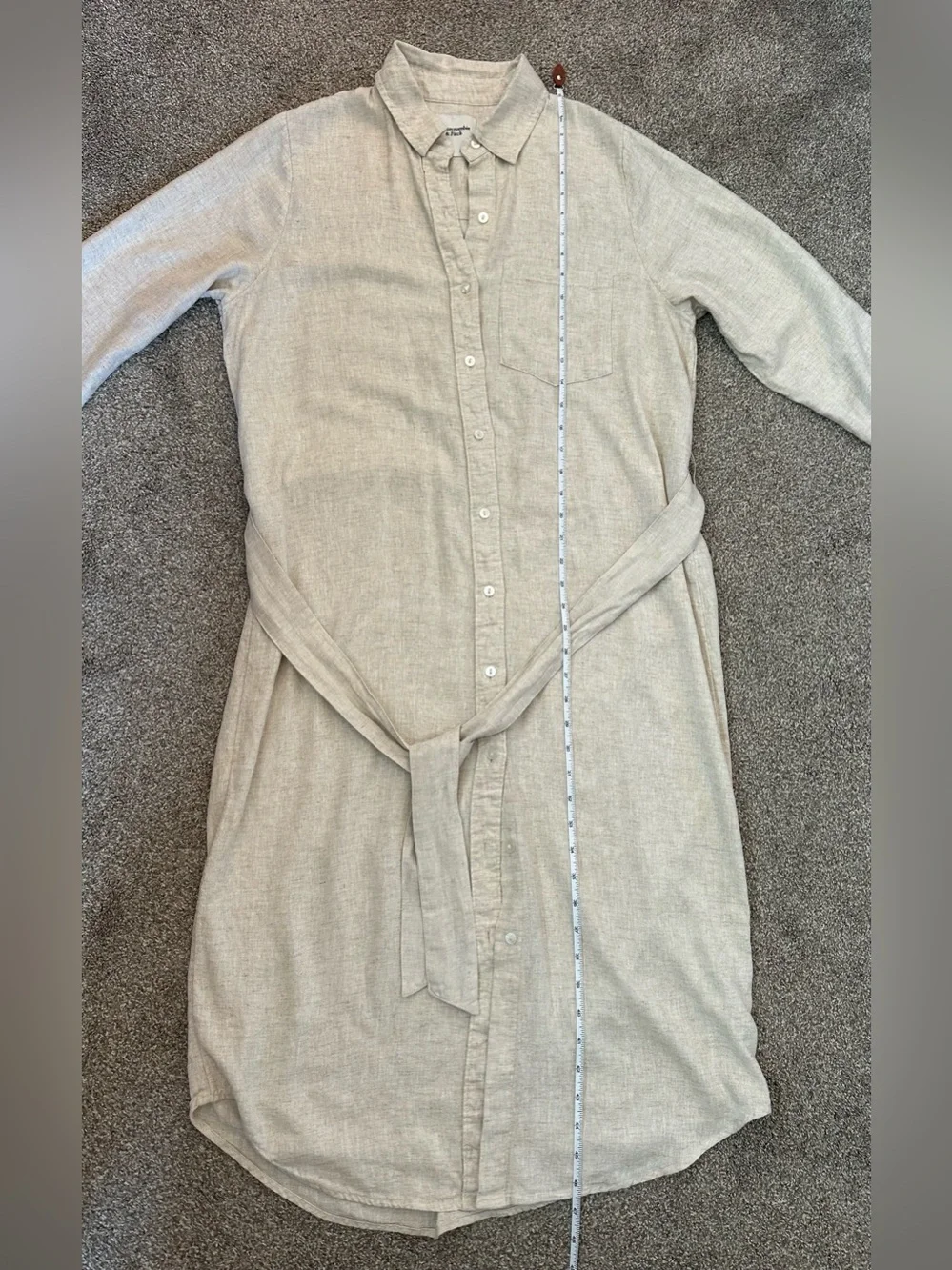 Abercrombie Fitch Shirt Dress Long Linen Viscose LS Belted Natural Cream Sz M T